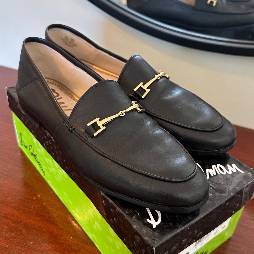 Sam Edelman Loraine Black Leather Loafers with Gold Detail